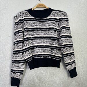 Beulah Pullover Sweater Womens M/L Black White Stripe‎ Fuzzy Structured Shoulder